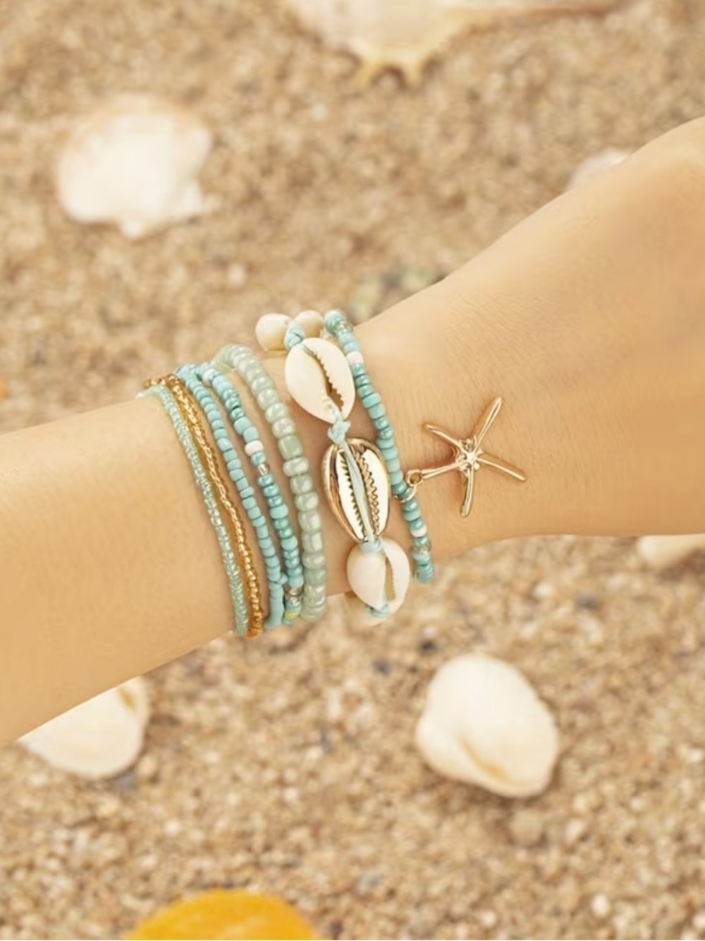 Turquoise Shell & Gold Starfish Multi-Strand Bracelet